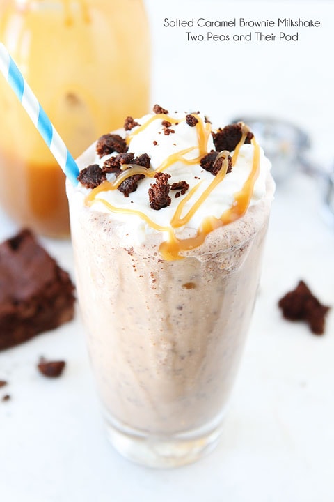 Salted Caramel Brownie Milkshake Recipe on twopeasandtheirpod.com The ULTIMATE shake!