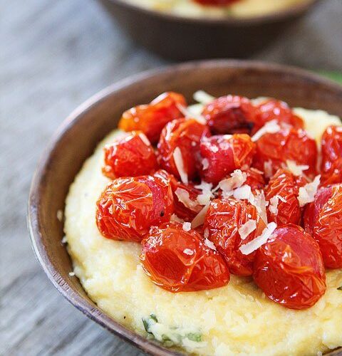 Creamy Basil Polenta with Roasted Tomatoes