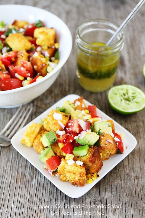 Jalapeño Cornbread Panzanella Salad on twopeasandtheirpod.com #recipe