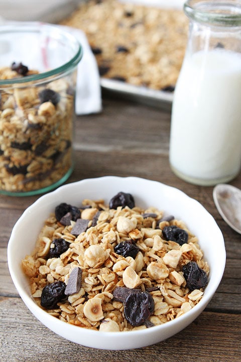 Hazelnut Granola with Dried Cherries and Dark Chocolate Recipe on twopeasandtheirpod.com Love this simple and sweet granola!