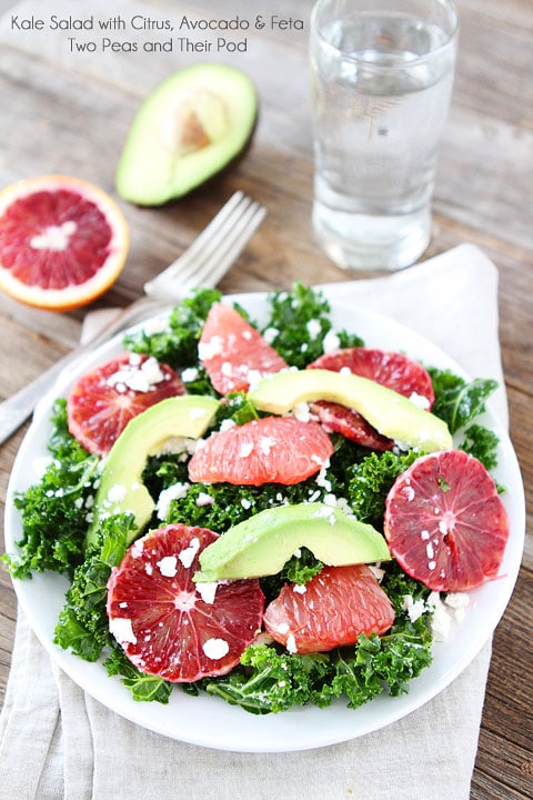 Kale Salad with Citrus, Avocado, and Feta on twopeasandtheirpod.com Love this healthy salad!
