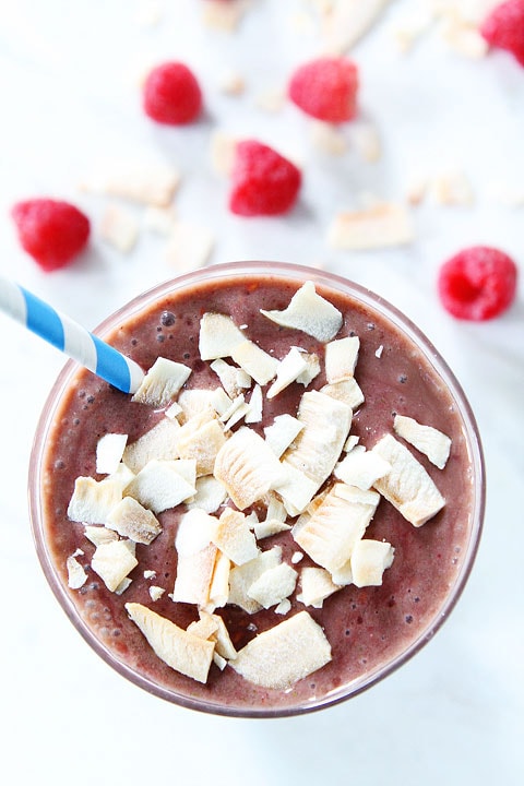 Raspberry Coconut Smoothie Recipe on twopeasandtheirpod.com The perfect smoothie for summer! #vegan #smoothie #glutenfree