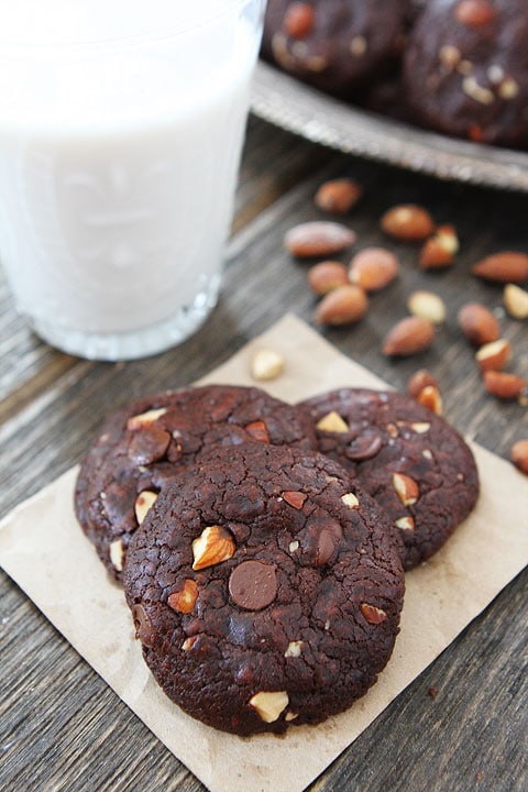 Vegan Chocolate Almond Cookies Recipe on twopeasandtheirpod.com These rich chocolate cookies are divine! You will never know they are #vegan!