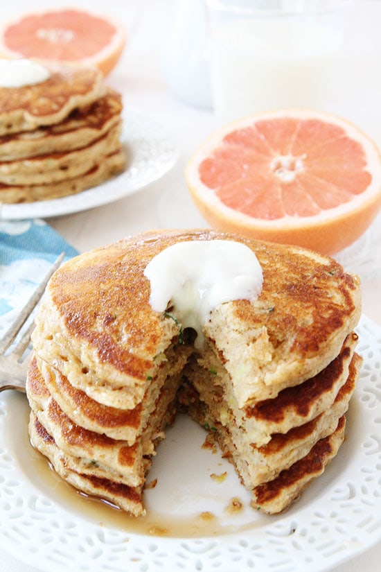 Zucchini Pancakes topped with butter and syrup