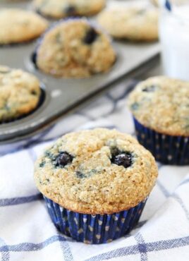 banana blueberry muffins warm out of the oven and ready to eat
