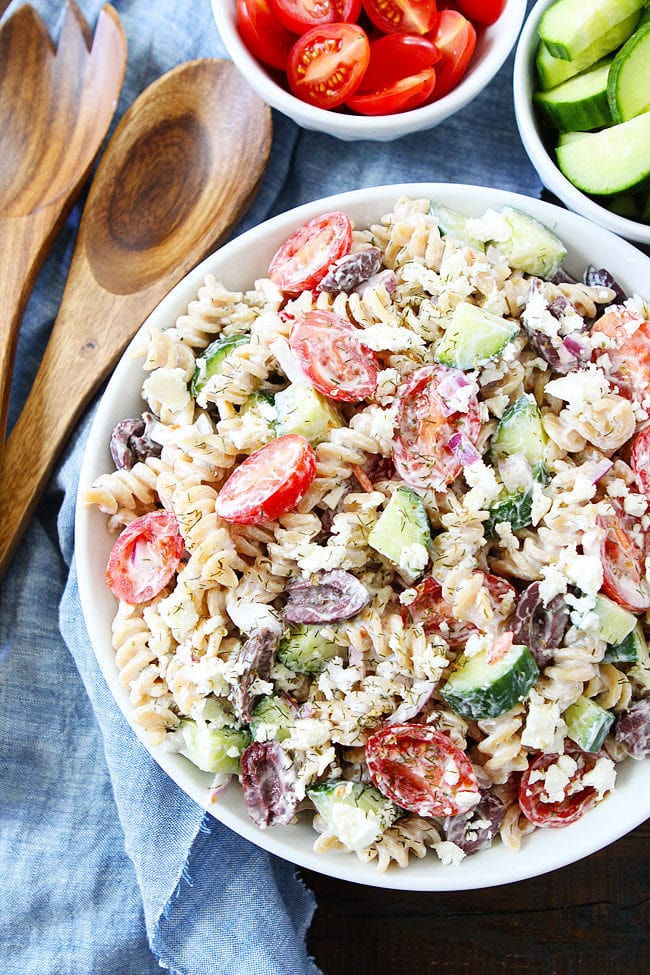 No-Mayo Creamy Greek Pasta Salad with tomatoes, cucumbers, olives, red onion, feta cheese, dill and Greek yogurt dressing