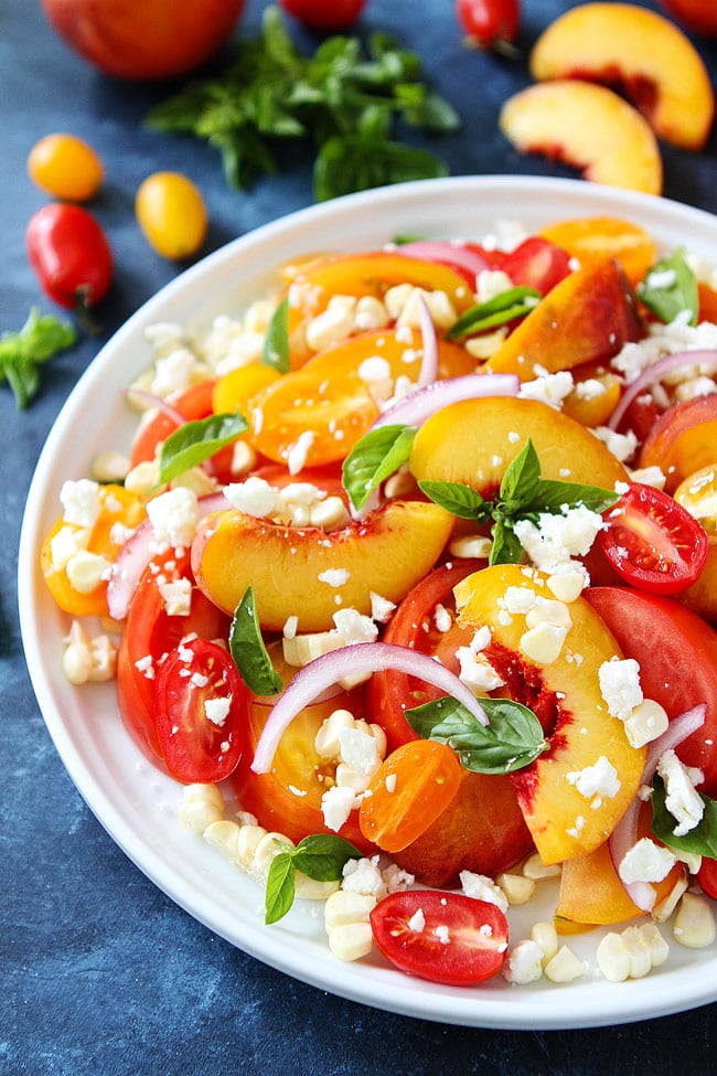 Tomato Peach Corn Salad is an easy summer salad is a great side dish to any meal.