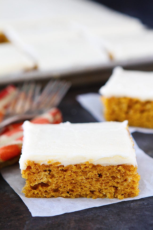 Pumpkin Sheet Cake with Brown Butter Frosting is the perfect dessert for fall. The cake is easy to make, feeds a crowd, and always gets rave reviews. Everyone loves this easy sheet cake recipe! 