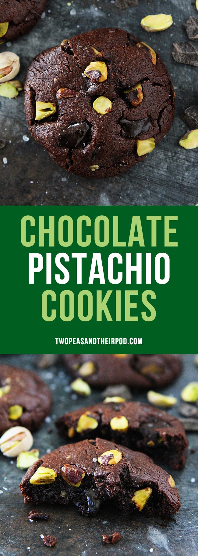 Chocolate Pistachio Cookies-rich chocolate cookies with pistachios, chocolate chunks, and sea salt! #cookies #chocolate #pistachio #Christmascookie