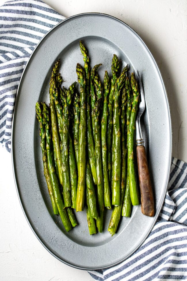 roasted asparagus on platter