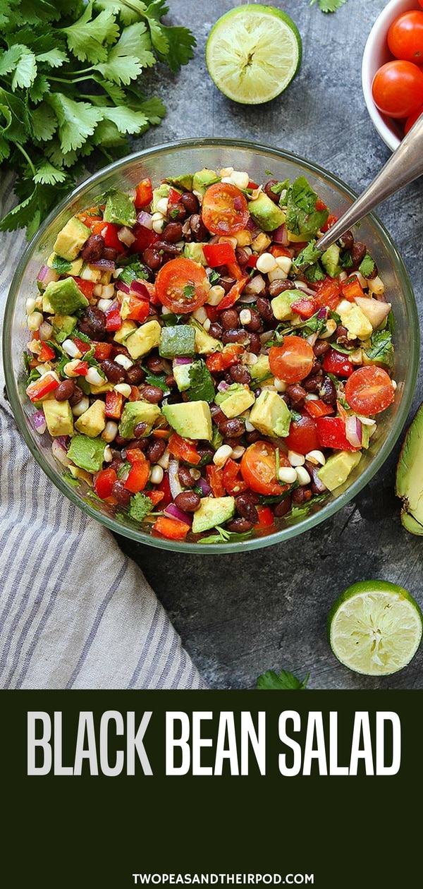 This easy and fresh Black Bean Salad with corn, avocado, tomatoes, red pepper, cilantro, and lime is always a crowd pleaser! Serve it as a salad or dip with tortilla chips! #blackbean #vegetarian #vegan #glutenfree #easyrecipe #healthyrecipe #avocado #corn #summer #saladrecipe Visit twopeasandtheirpod.com for more simple, fresh, and family friendly meals. #familyfreshmeals #familyfriendlymeals