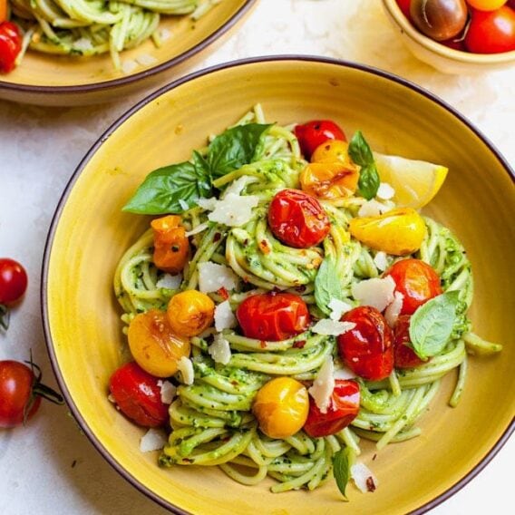 Creamy Avocado Pesto Pasta with Blistered Tomatoes - Two Peas & Their Pod