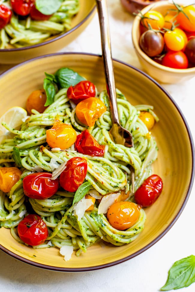 Creamy Avocado Pesto Pasta with Blistered Tomatoes - Two Peas & Their Pod