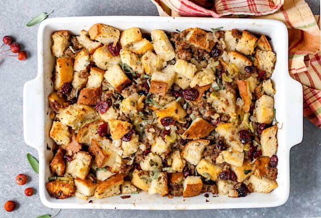 Sausage Stuffing with sage in a pan