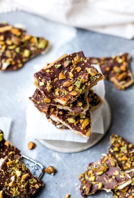 Dark Chocolate Pistachio Saltine Toffee - Two Peas & Their Pod