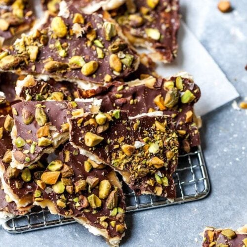 Dark Chocolate Pistachio Saltine Toffee - Two Peas & Their Pod