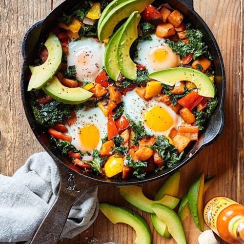 Sweet Potato Hash Egg Skillet with Microgreens