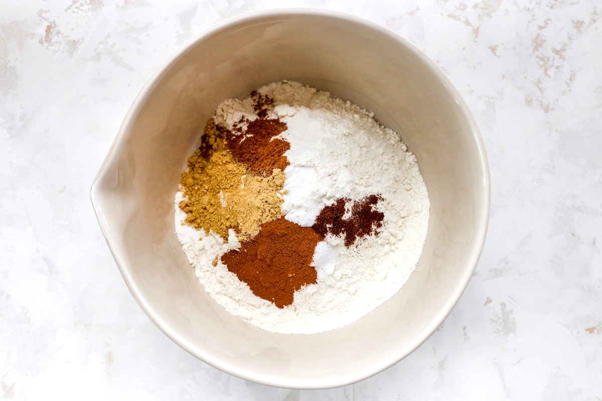 dry ingredients in mixing bowl to make pumpkin chocolate chip bread. 