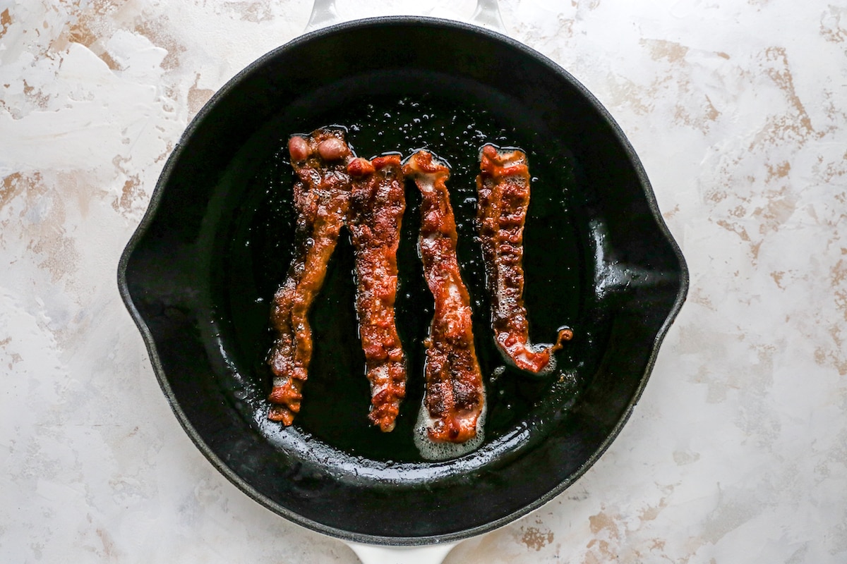 bacon in skillet for brussels sprouts with bacon recipe. 