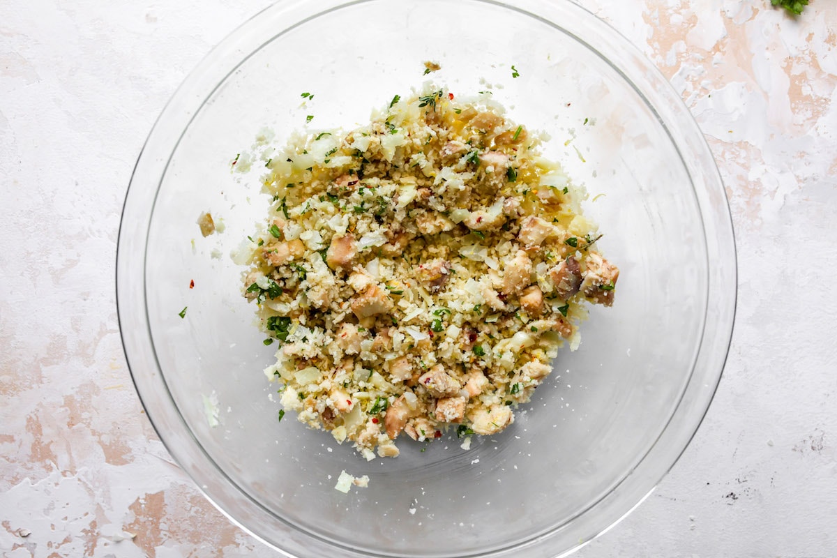 stuffed mushroom filling in glass bowl.