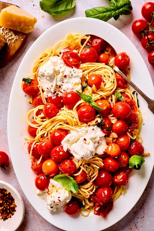 burst cherry tomato pasta with burrata 