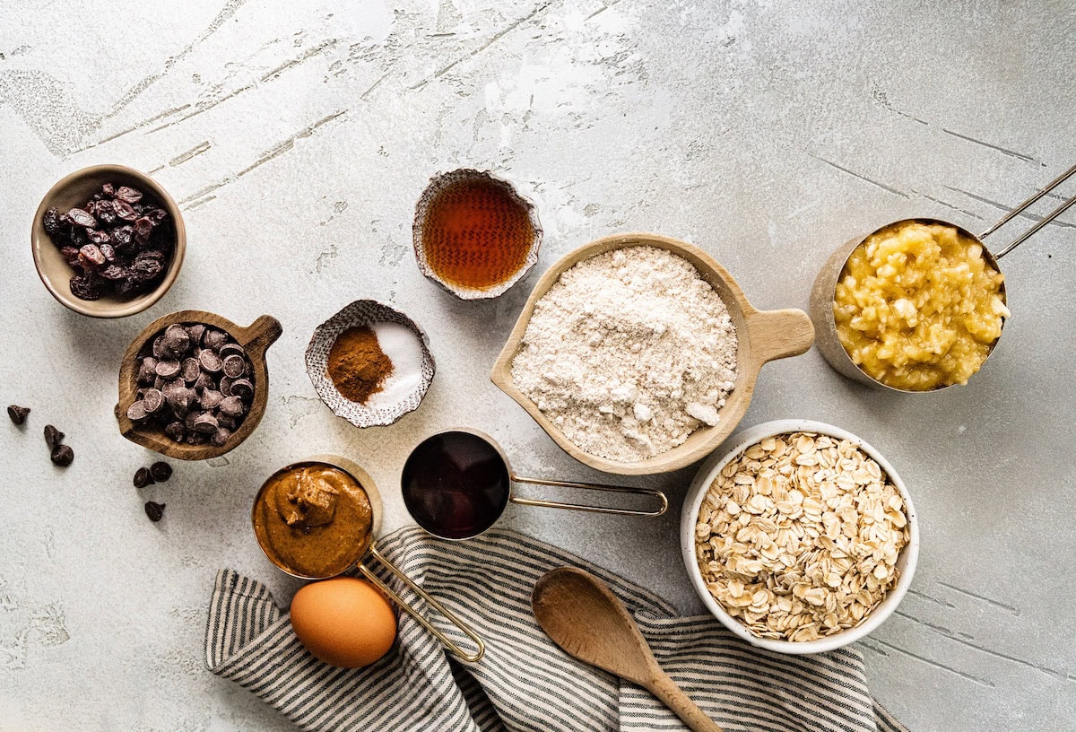 ingredients in bowls to make breakfast cookies. 