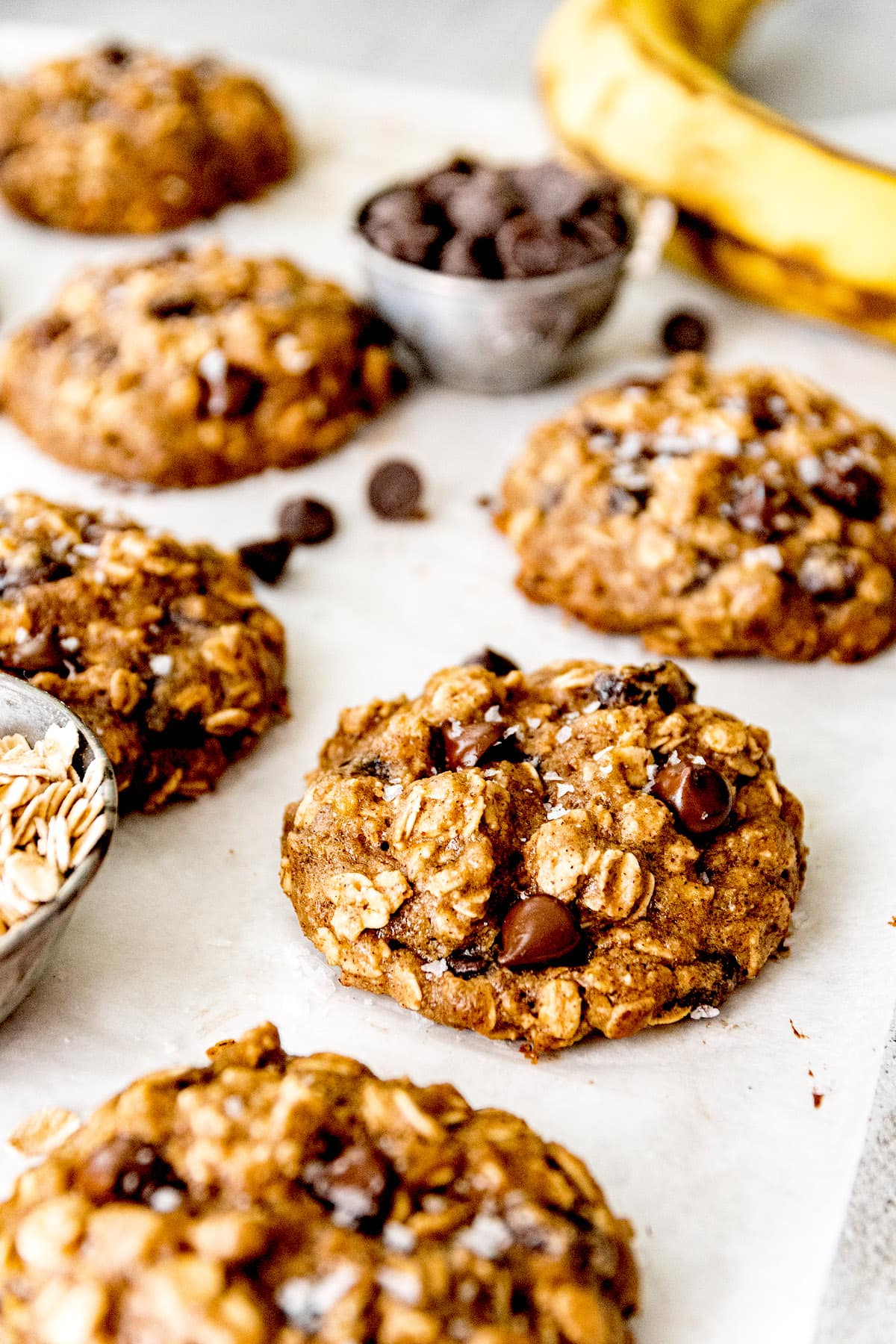 breakfast cookie with banana, oatmeal, chocolate chips, and raisins.