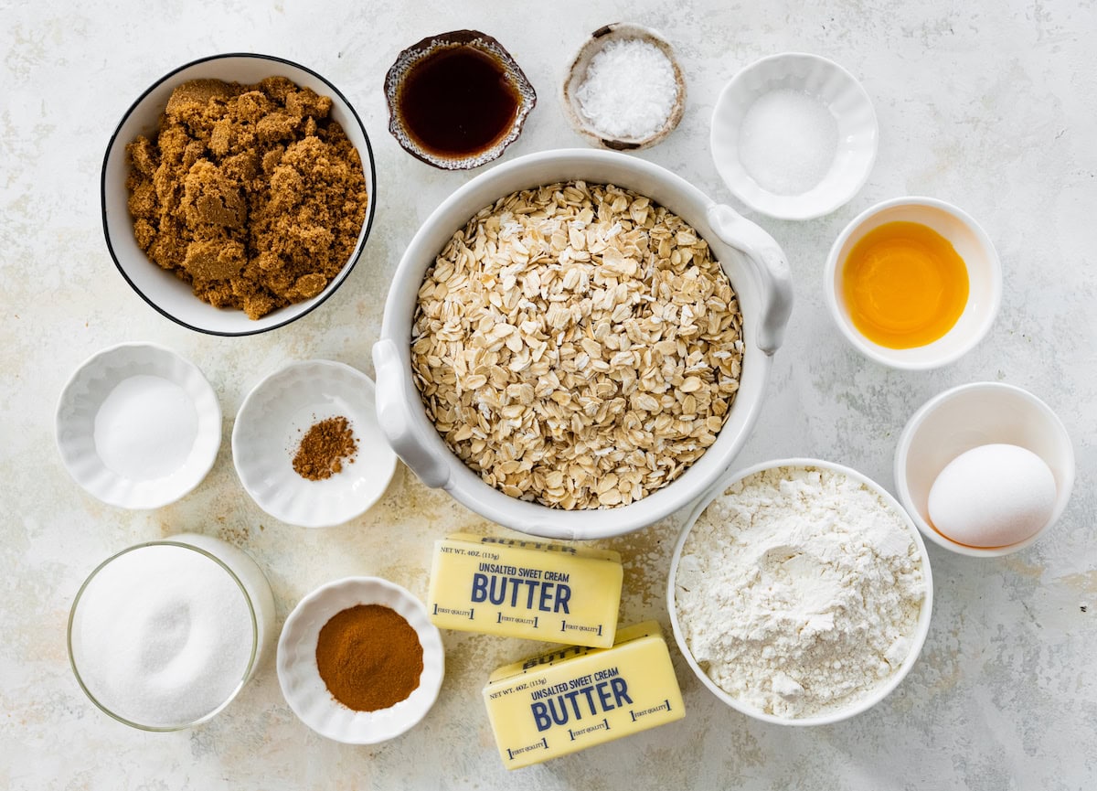 ingredients in bowls to make oatmeal cookies. 