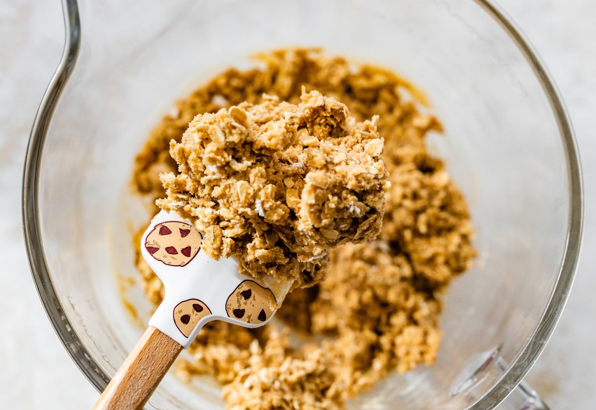 oatmeal cookie dough in bowl and on spatula. 