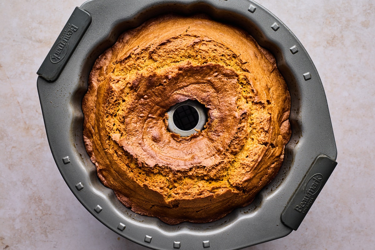 bundt cake in bundt pan. 