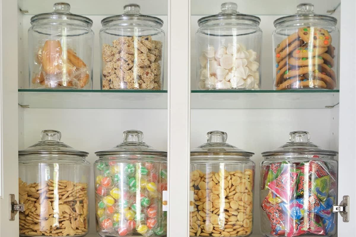 glass jars in pantry. 