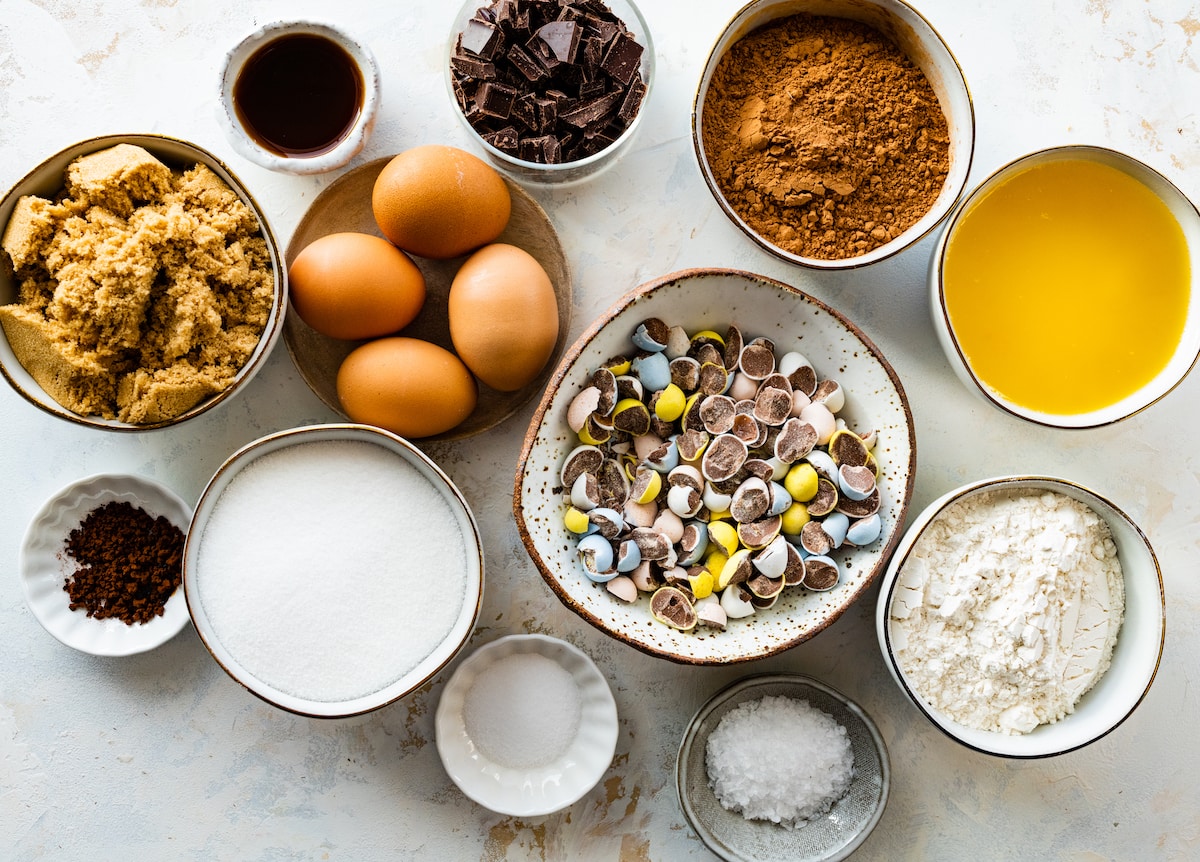 ingredients in bowls to make Cadbury egg brownies. 