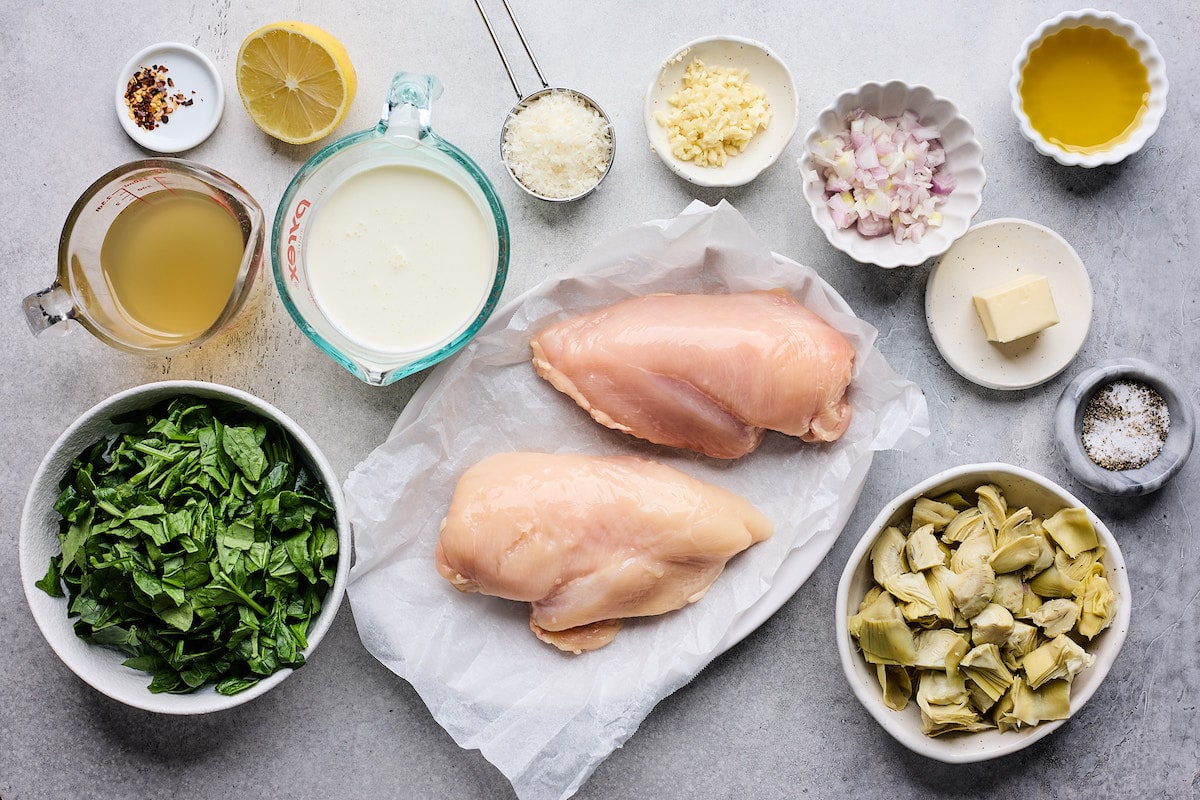 ingredients to make spinach artichoke chicken. 