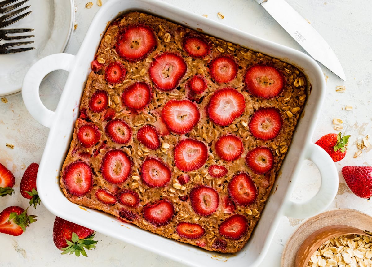 strawberry baked oatmeal in baking dish. 