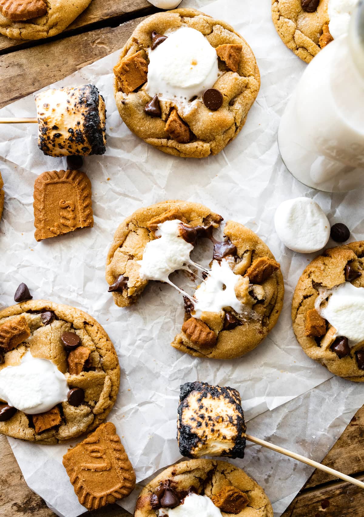 biscoff s'mores cookies with gooey marshmallow center. 