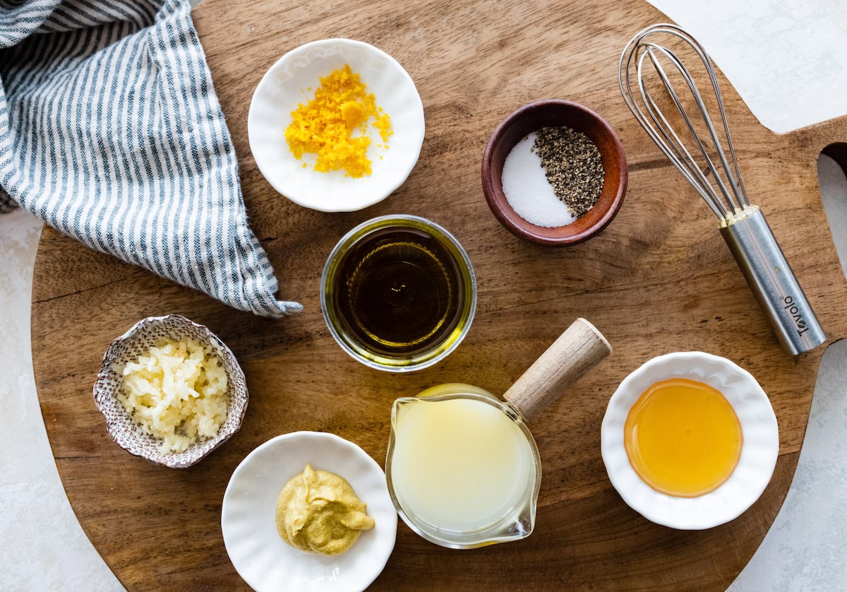 lemon dressing ingredients in bowls. 