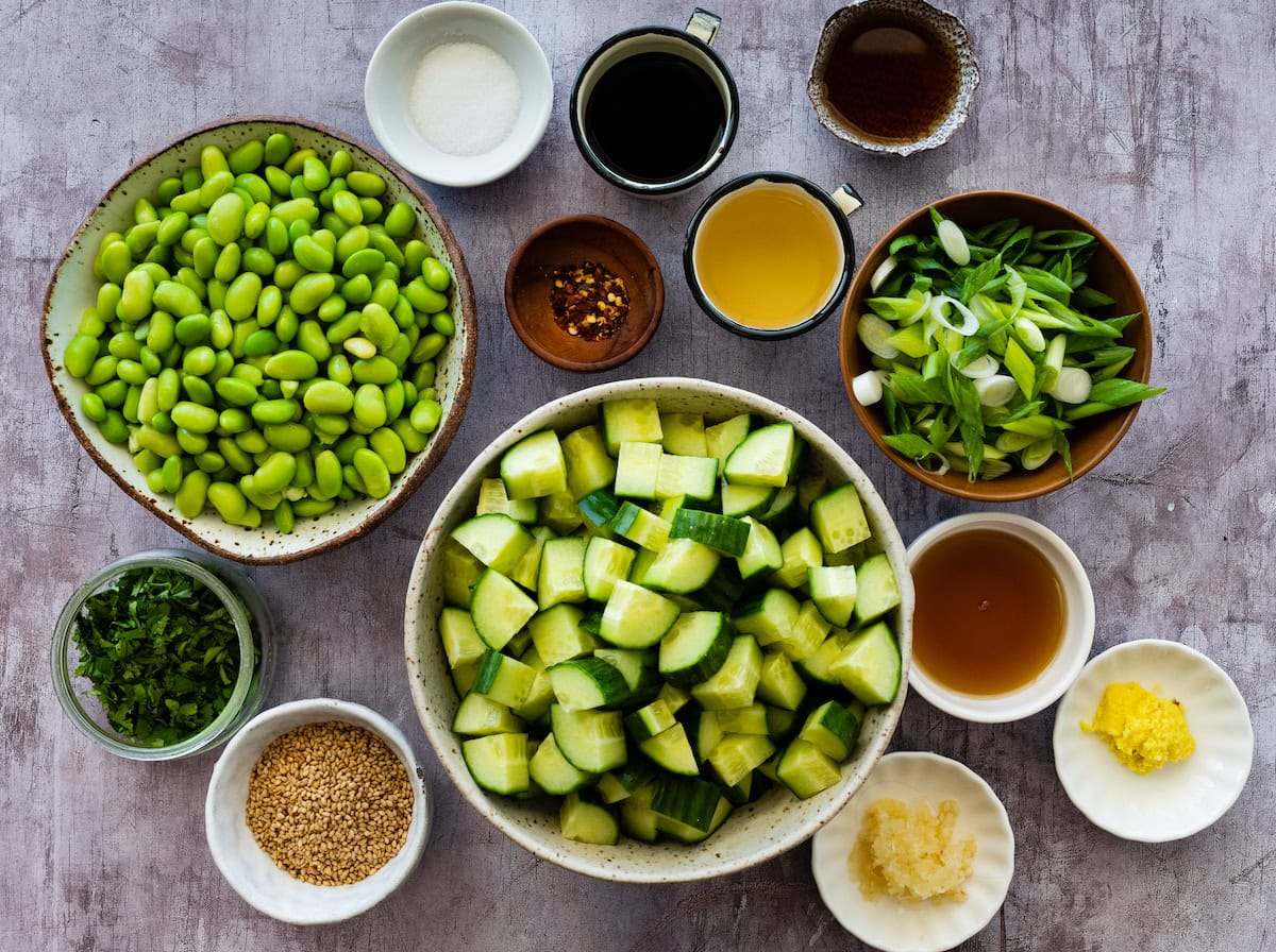 ingredients to make cucumber edamame salad. 