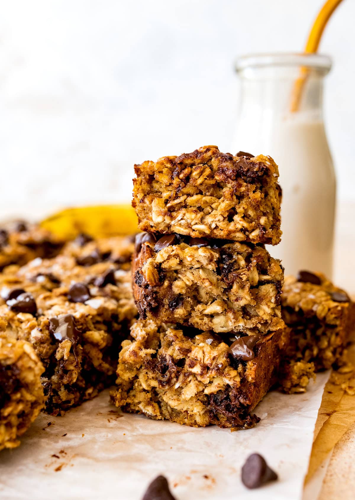 peanut butter banana oatmeal bars cut into squares and stacked. 