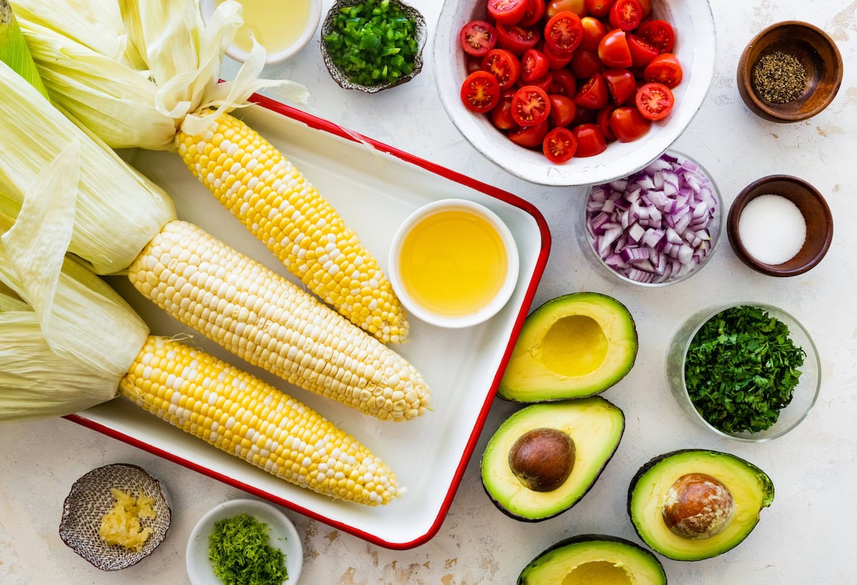 ingredients to make avocado corn salad. 