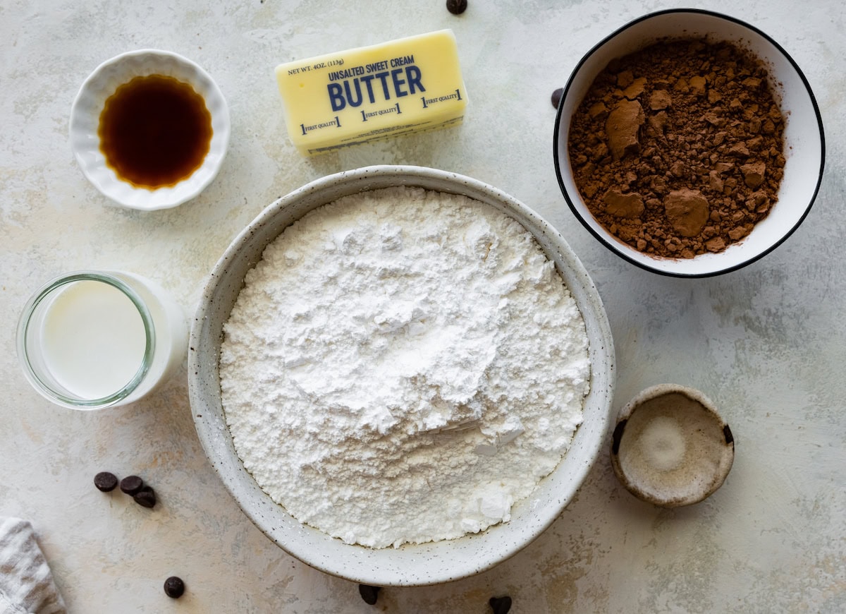 ingredients in bowl to make chocolate frosting. 