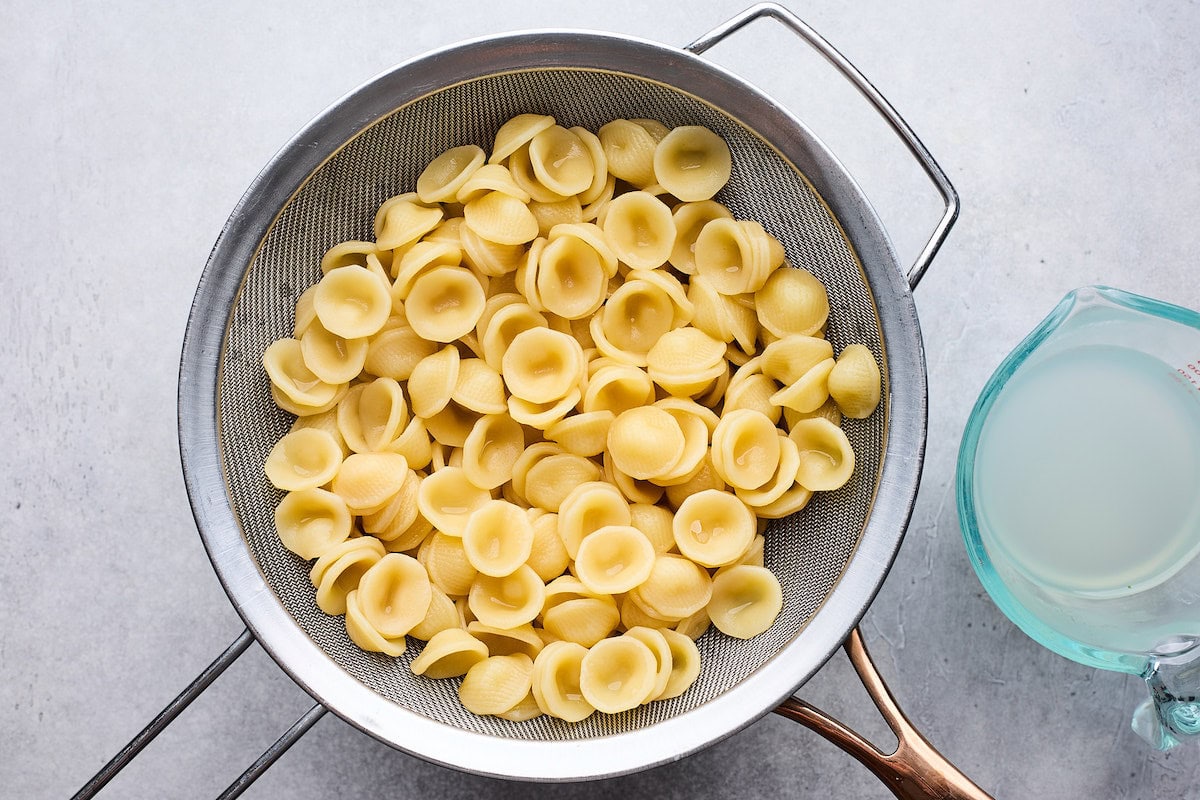 pasta in colander. 