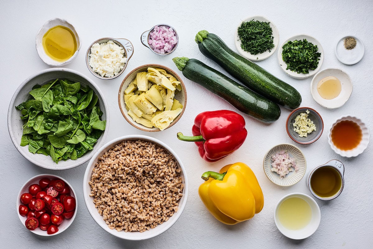 ingredients to make grilled vegetable farro salad. 