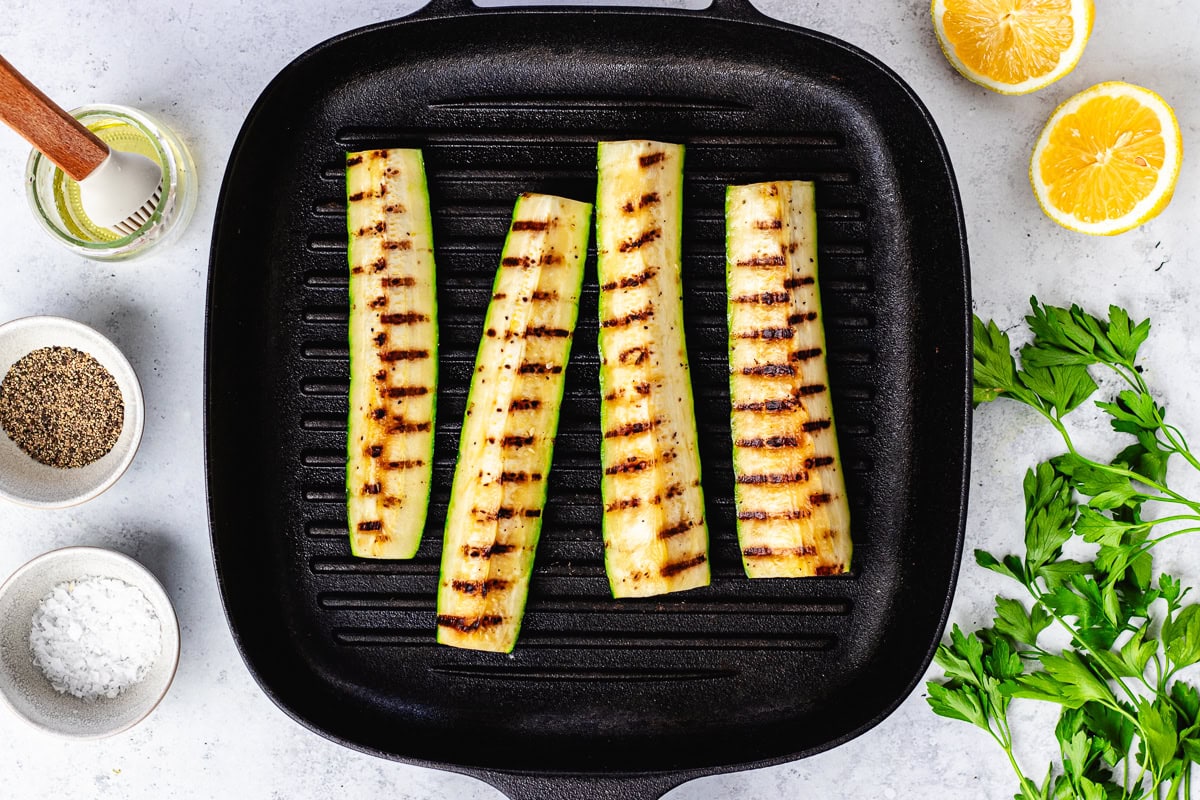 grilled zucchini on grill pan. 