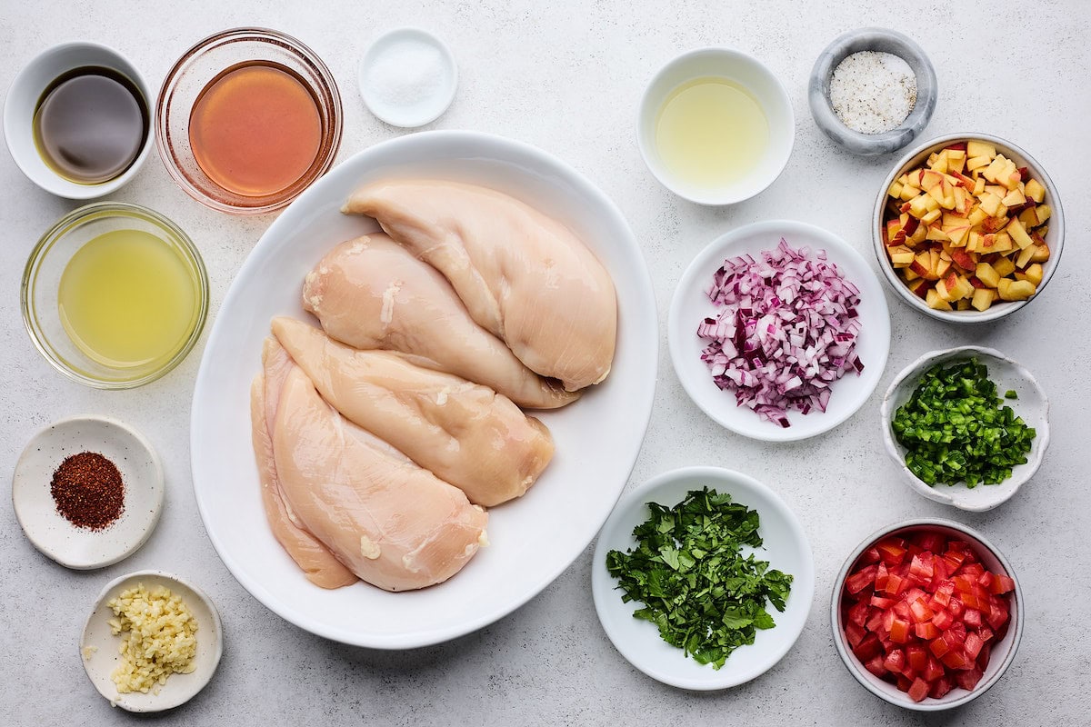 ingredients to make hot honey chicken with peach pico de gallo. 