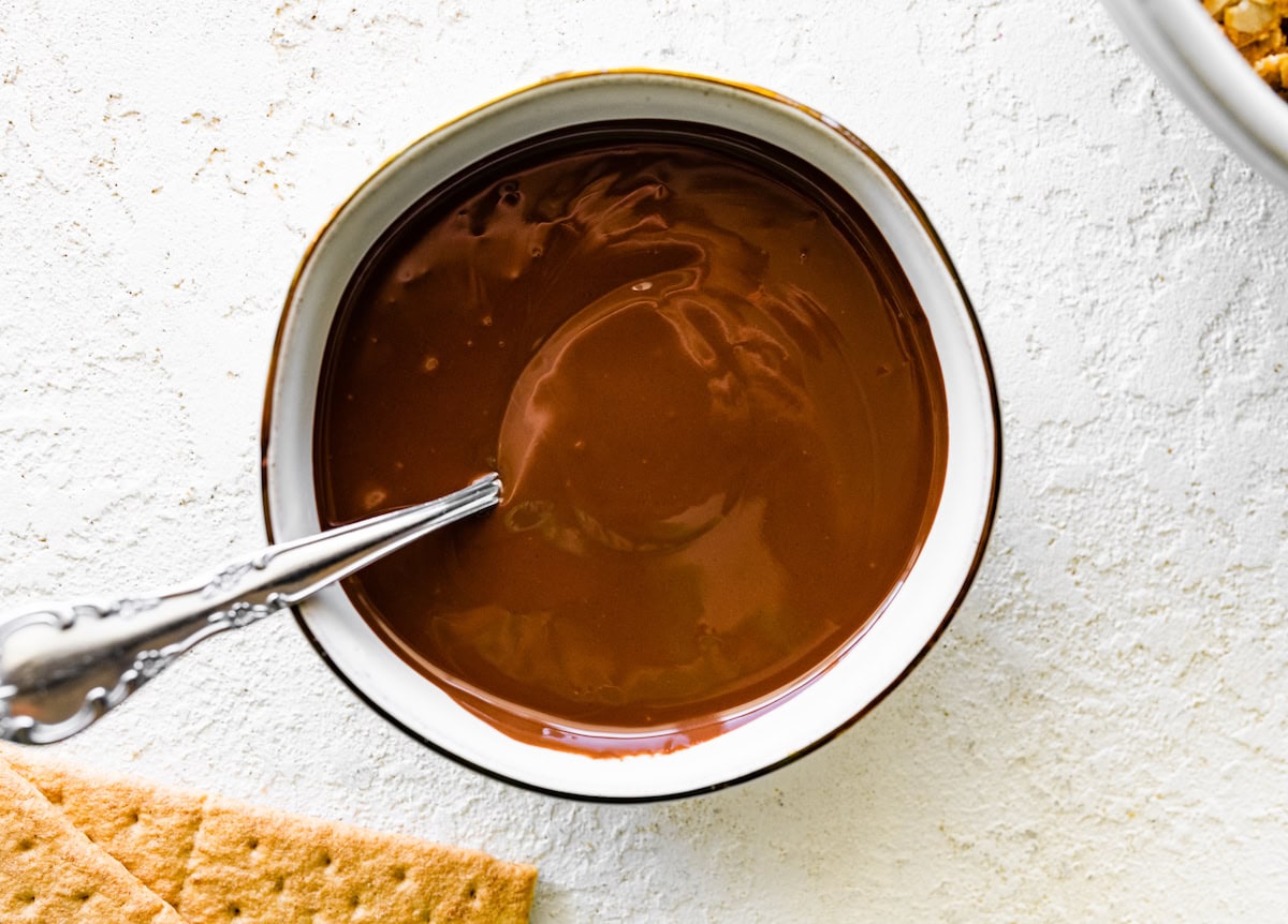 melted chocolate in bowl with spoon. 