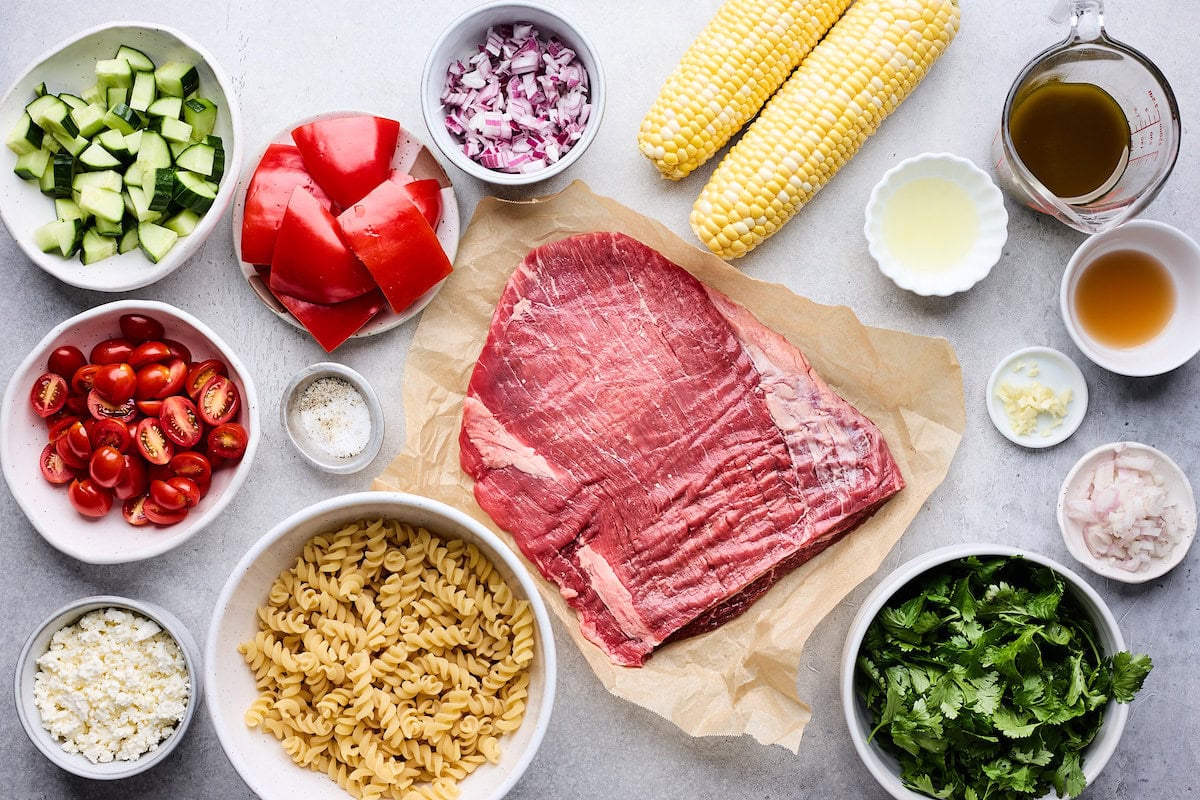 ingredients to make steak pasta salad. 