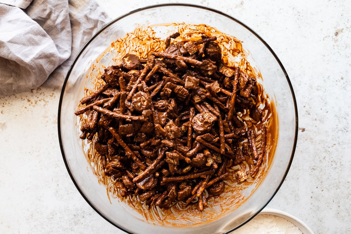 sweet and salty puppy chow in mixing bowl. 