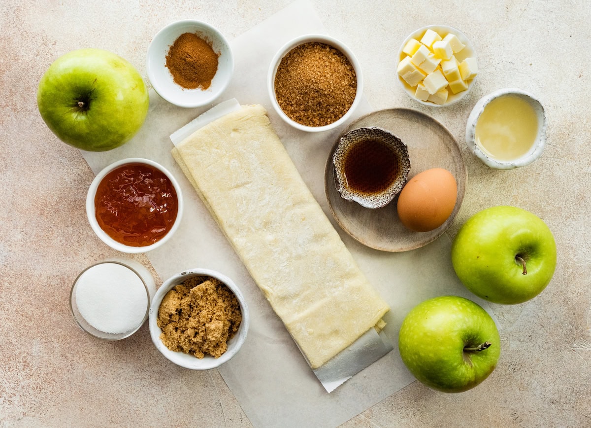 ingredients to make puff pastry apple tart. 