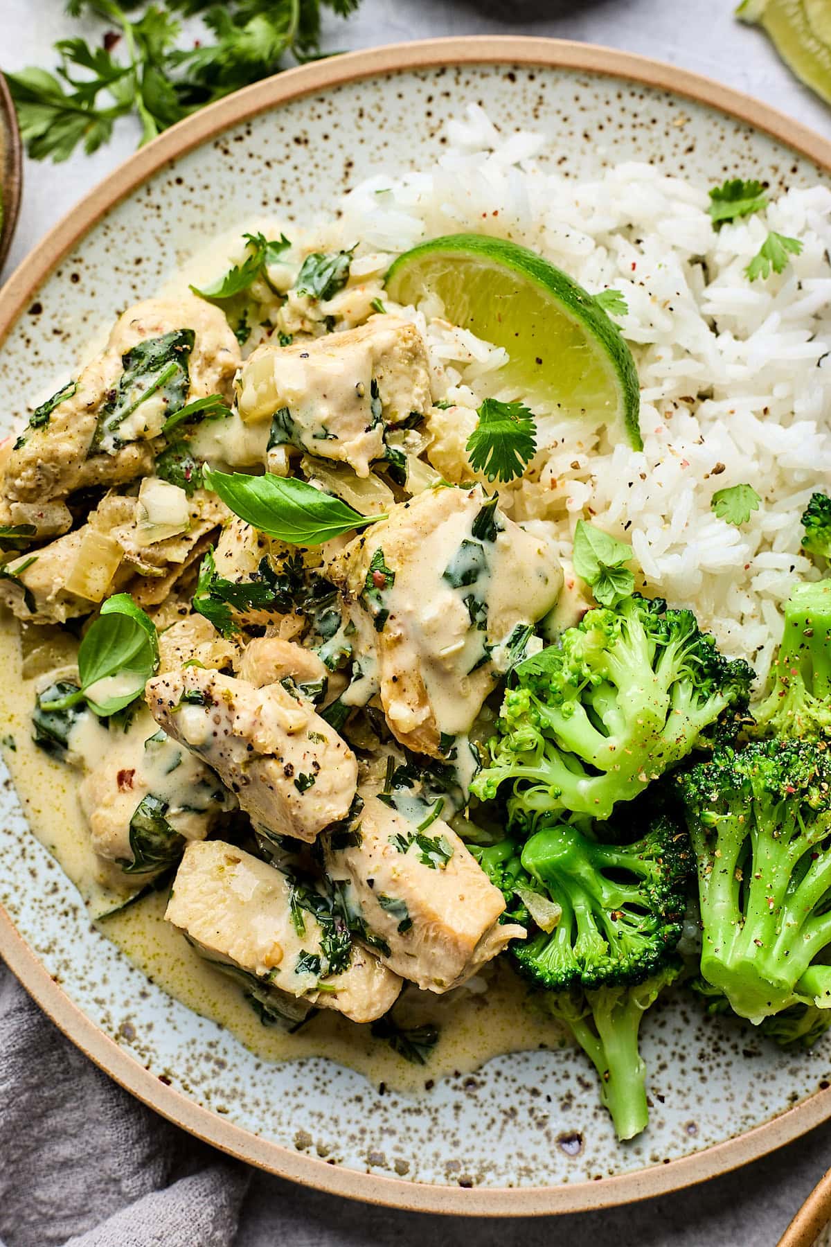 coconut lime chicken on plate with broccoli and rice. 