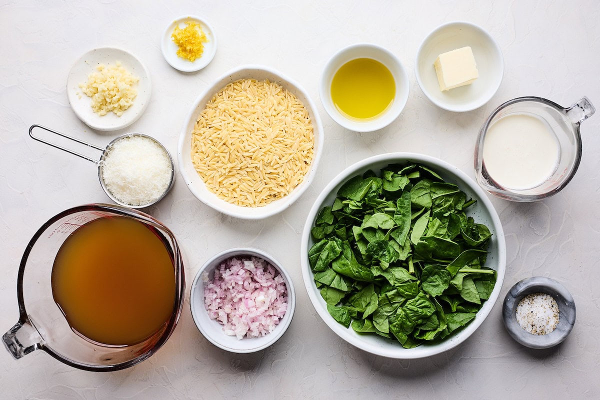 ingredients in bowls to make creamy orzo. 